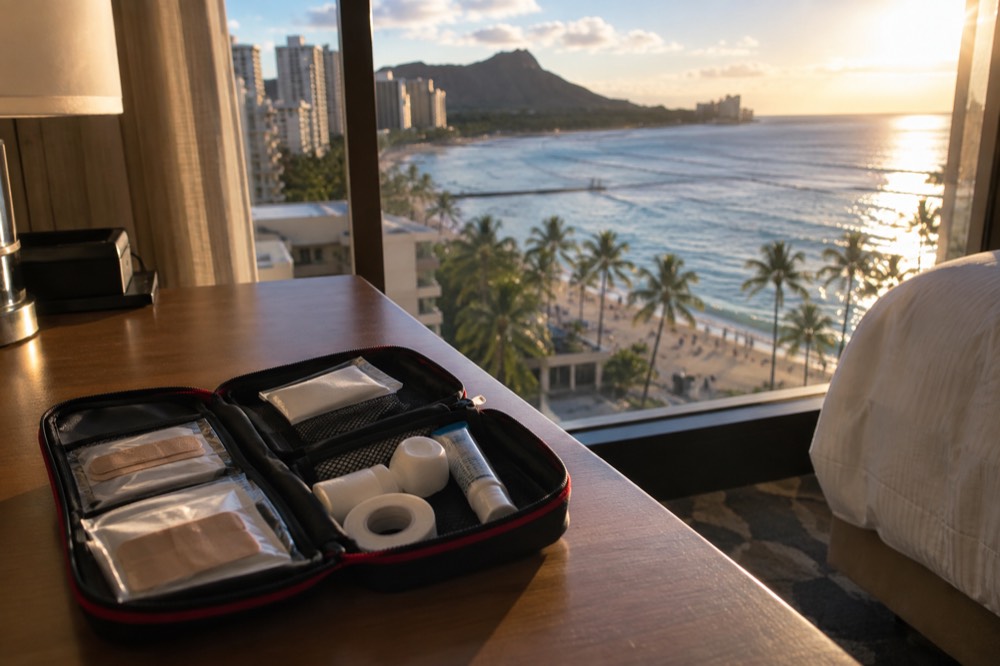 A small travel first-aid kit with bandages and antiseptic on a hotel room desk in Honolulu