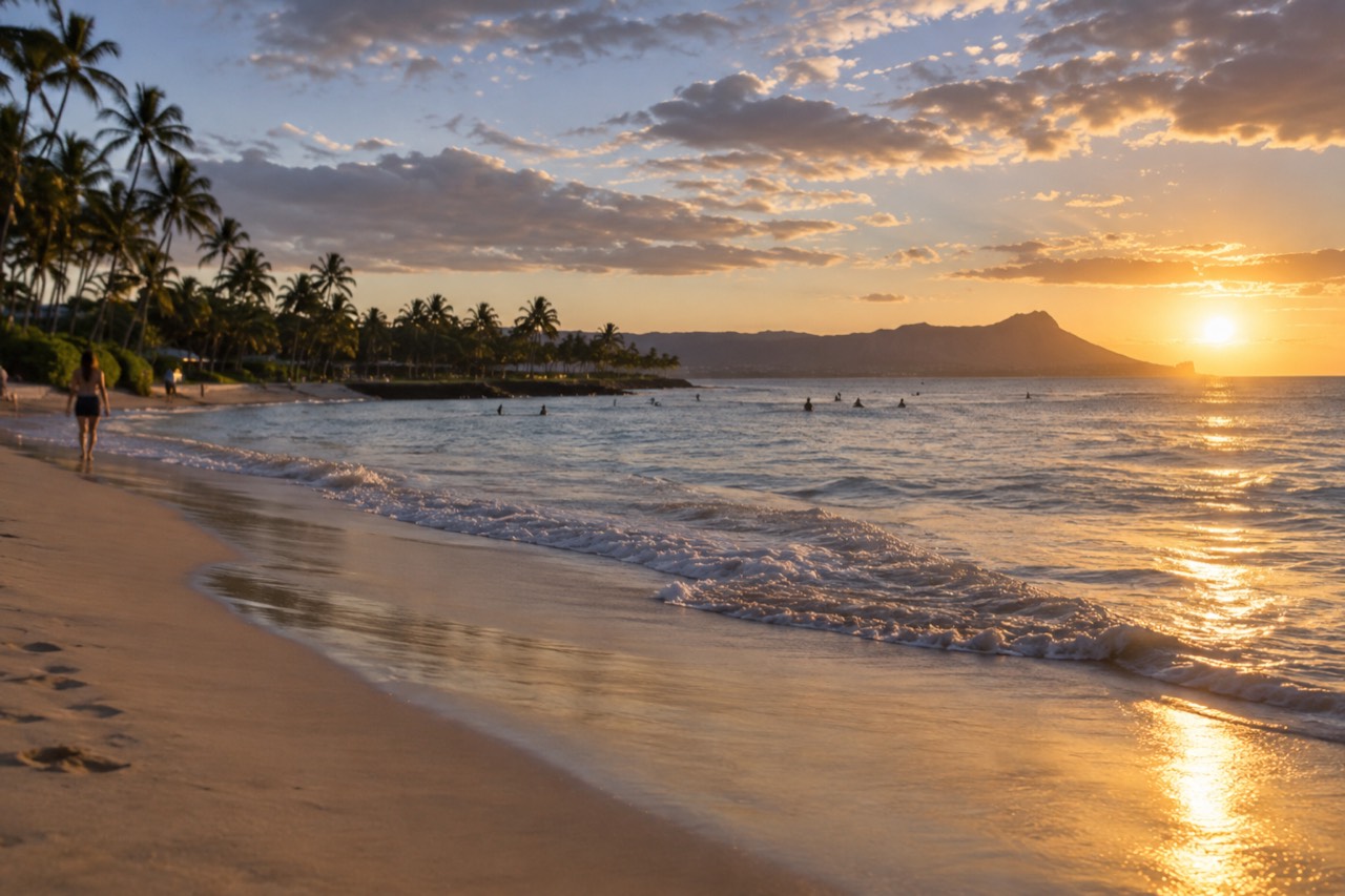 A quiet Oahu beach at golden hour with gentle waves breaking on the sand