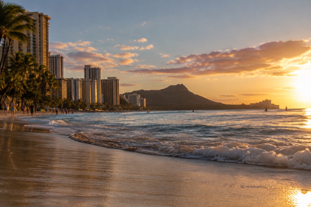 Waikīkī beach at golden hour with the Koʻolau mountains behind the hotels