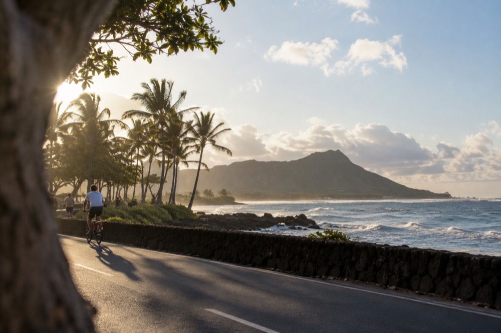 A coastal highway on Oahu with mountains rising behind a palm-lined shore