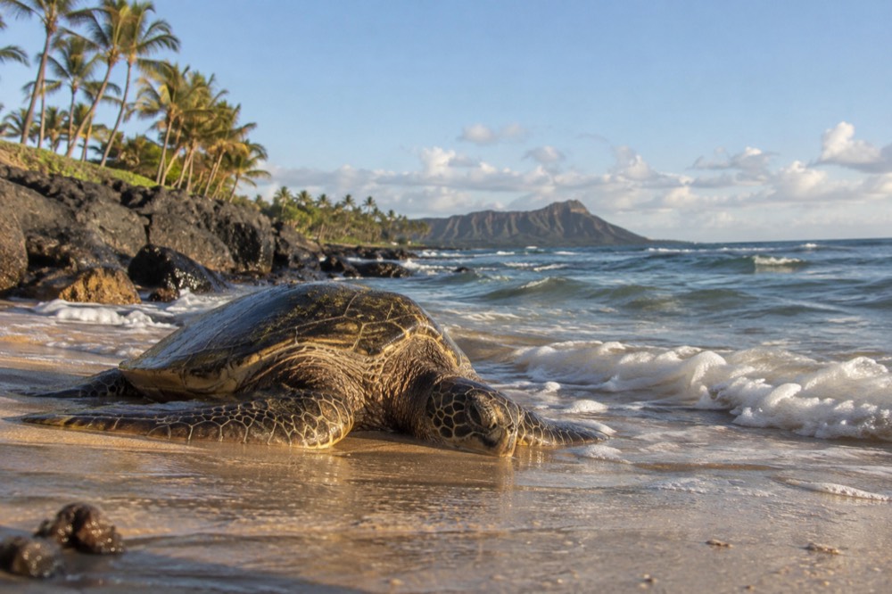 A green sea turtle resting on wet sand at the waterline of an Oahu beach with no people nearby