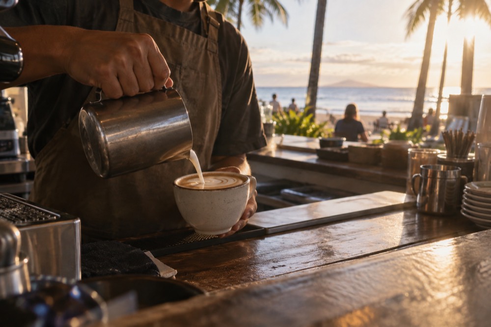 A barista pouring steamed milk into a ceramic cup of coffee at a Honolulu espresso bar