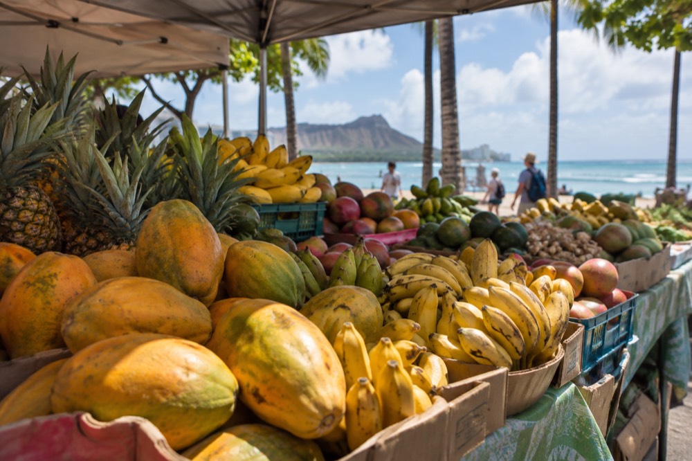 A farmers market stall on Oahu stacked with papayas, bananas and other tropical fruit under a canopy