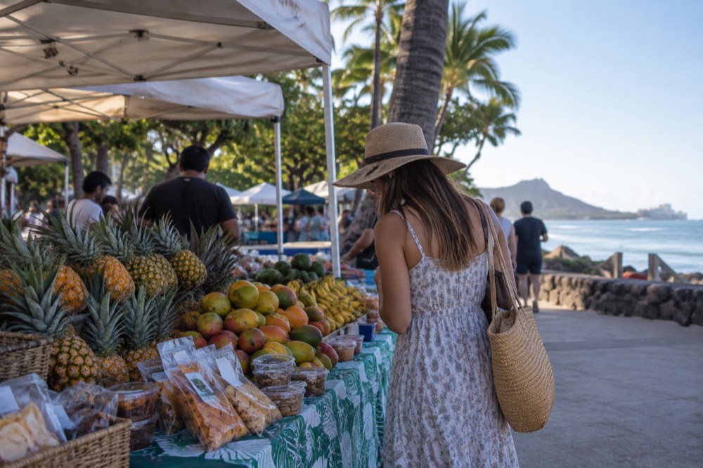 A visitor browsing a covered farmers market table of tropical fruit and packaged goods on a sunny morning on Oahu