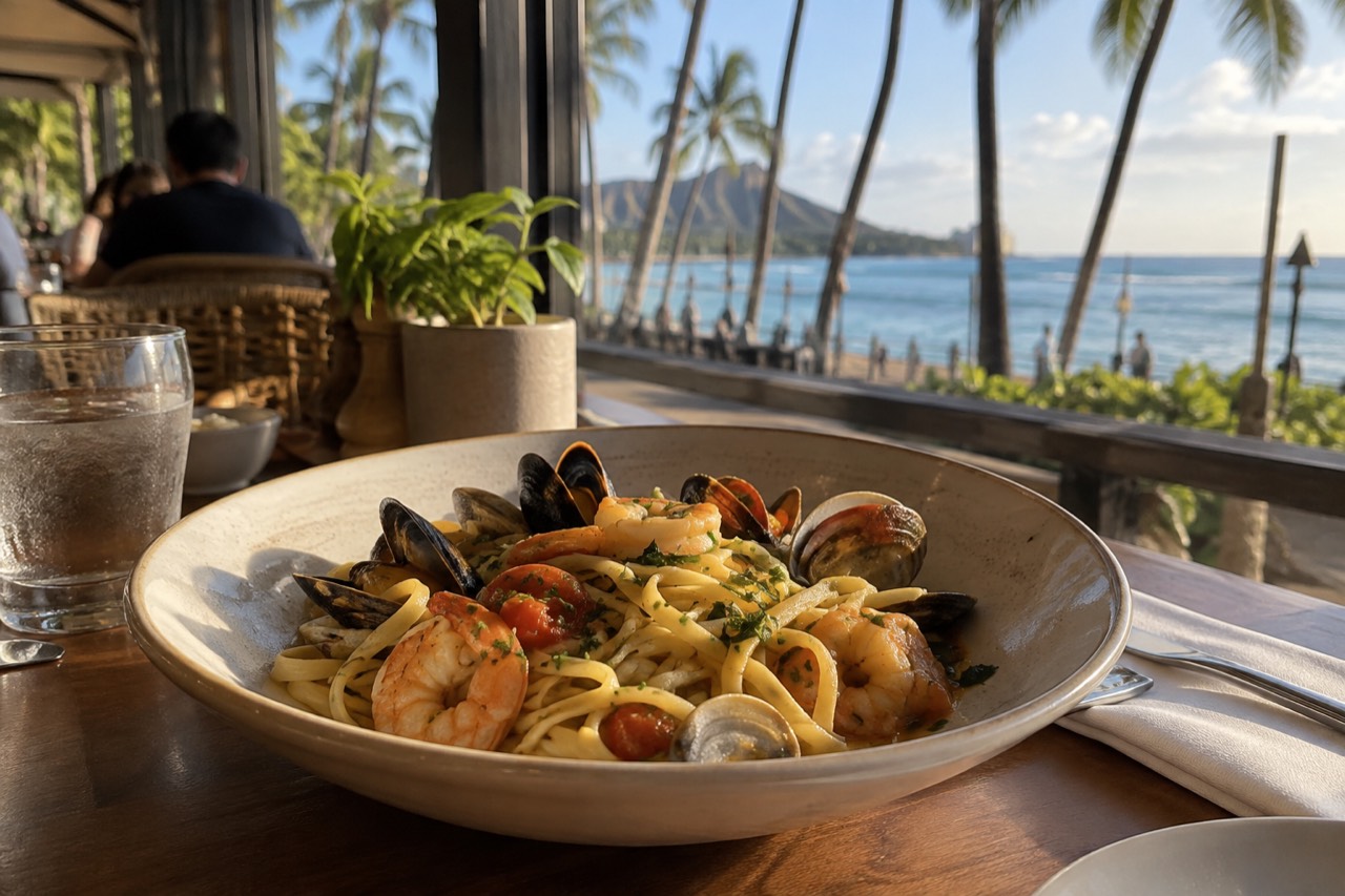 A plate of fresh pasta with seafood on a restaurant table, palm trees visible through the window behind it