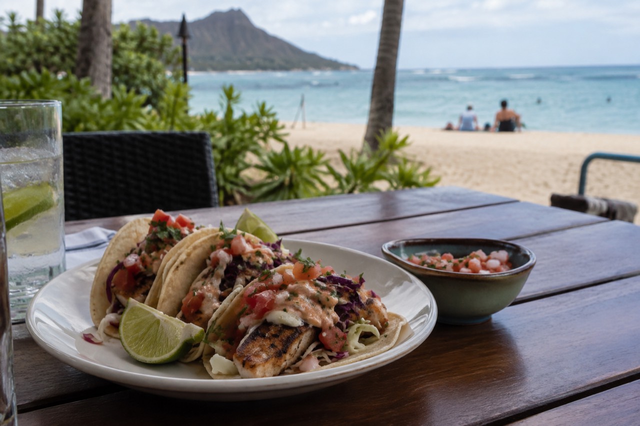 A plate of tacos and fresh salsa on an outdoor table at a casual Oahu eatery