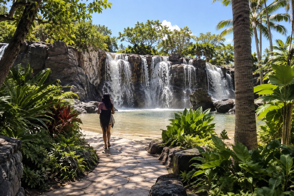 A wide waterfall spilling over a rock ledge into a sandy-bottomed pool at the end of a paved garden path