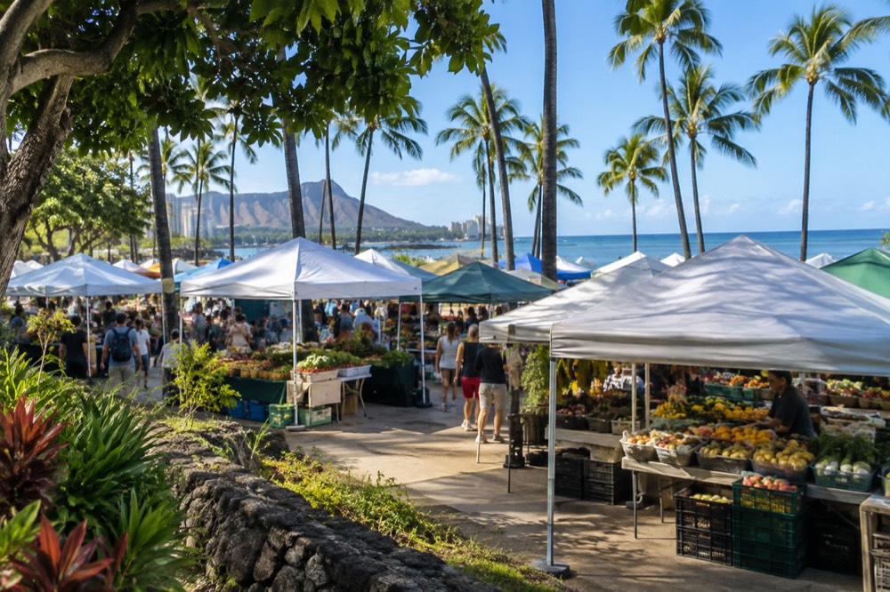 Produce stalls under canopies at a large outdoor farmers market on a sunny morning in Honolulu