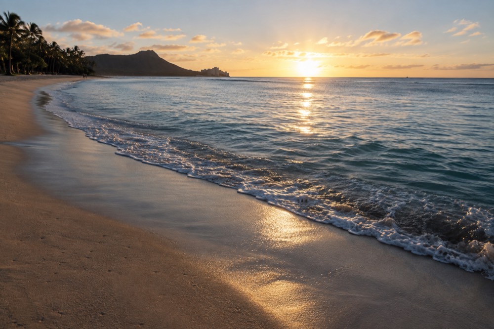 A quiet Waikiki beach at sunrise with gentle waves and an empty stretch of sand