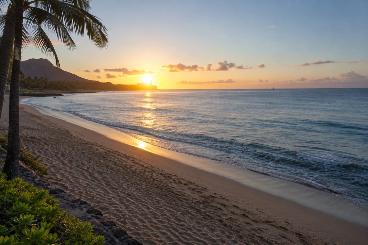 A quiet Waikiki beach at sunrise with gentle waves and an empty stretch of sand
