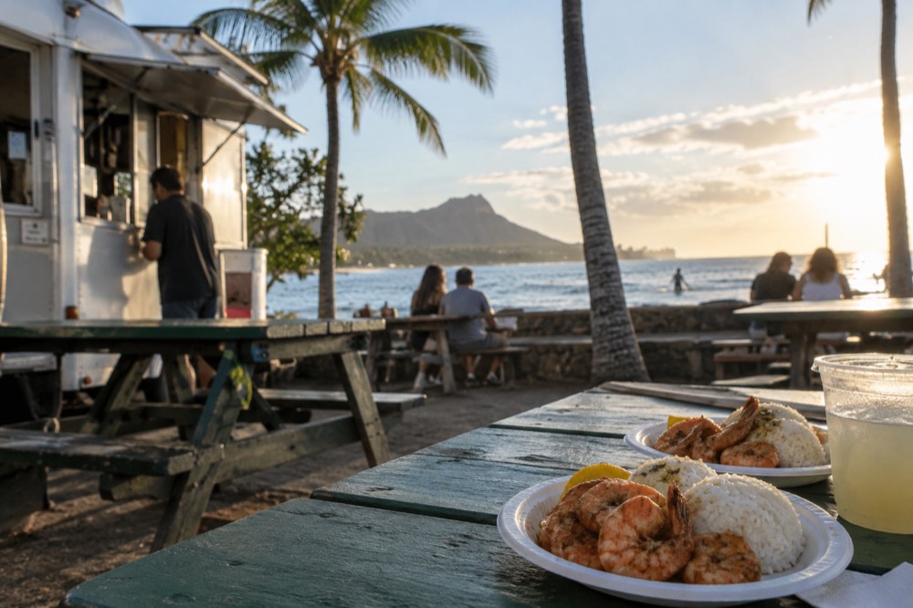 Picnic tables beside a shrimp truck with paper plates of shrimp and rice on them