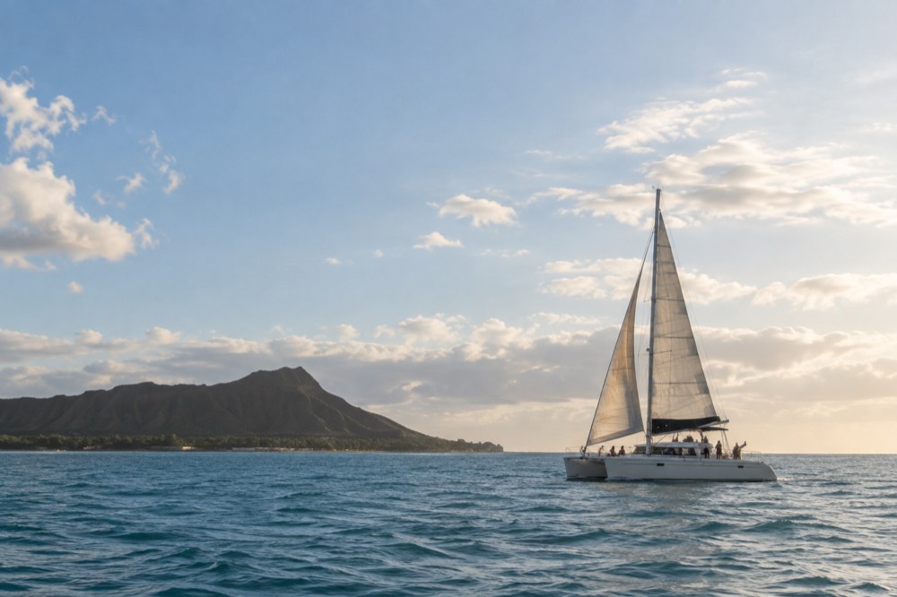 A catamaran sailing along the Waikiki coastline in late afternoon light with Diamond Head in the distance