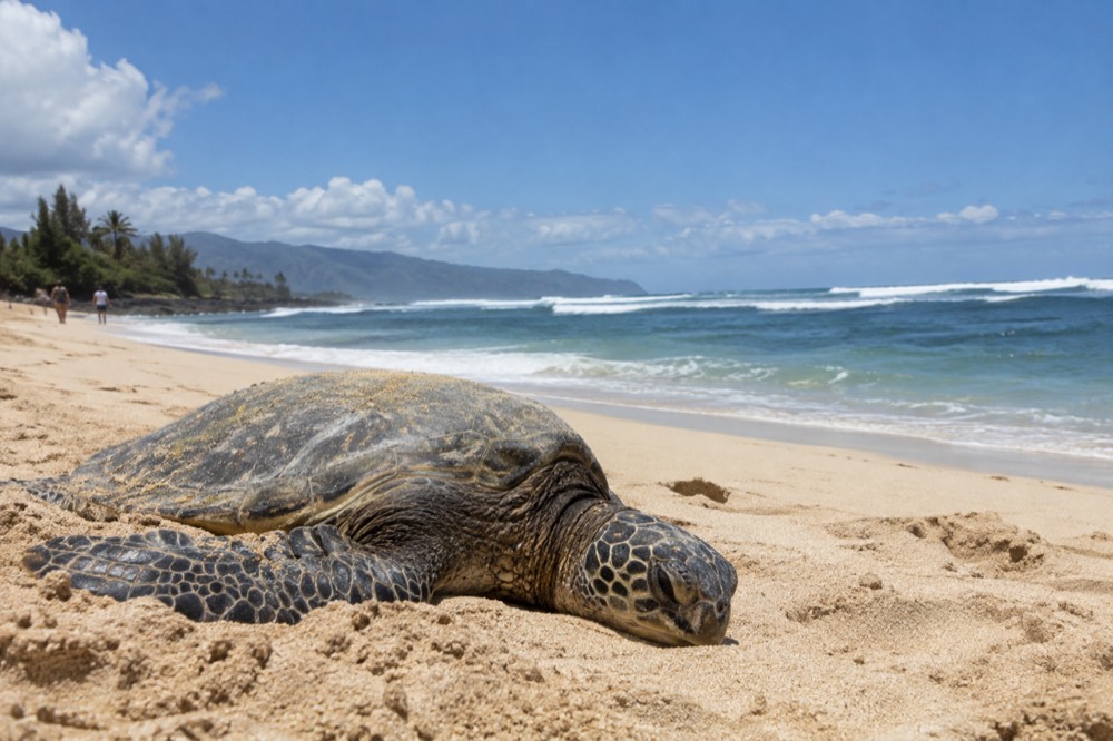 A wide sandy beach on the North Shore of Oahu with rolling surf and distant coastline