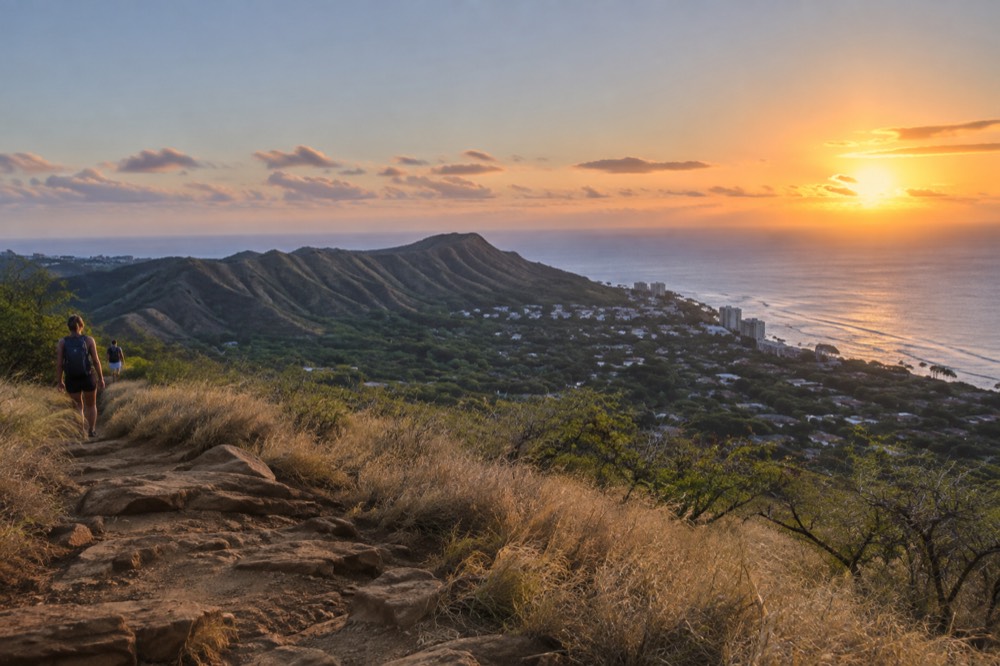 The Diamond Head crater rising above the Honolulu coastline at sunrise