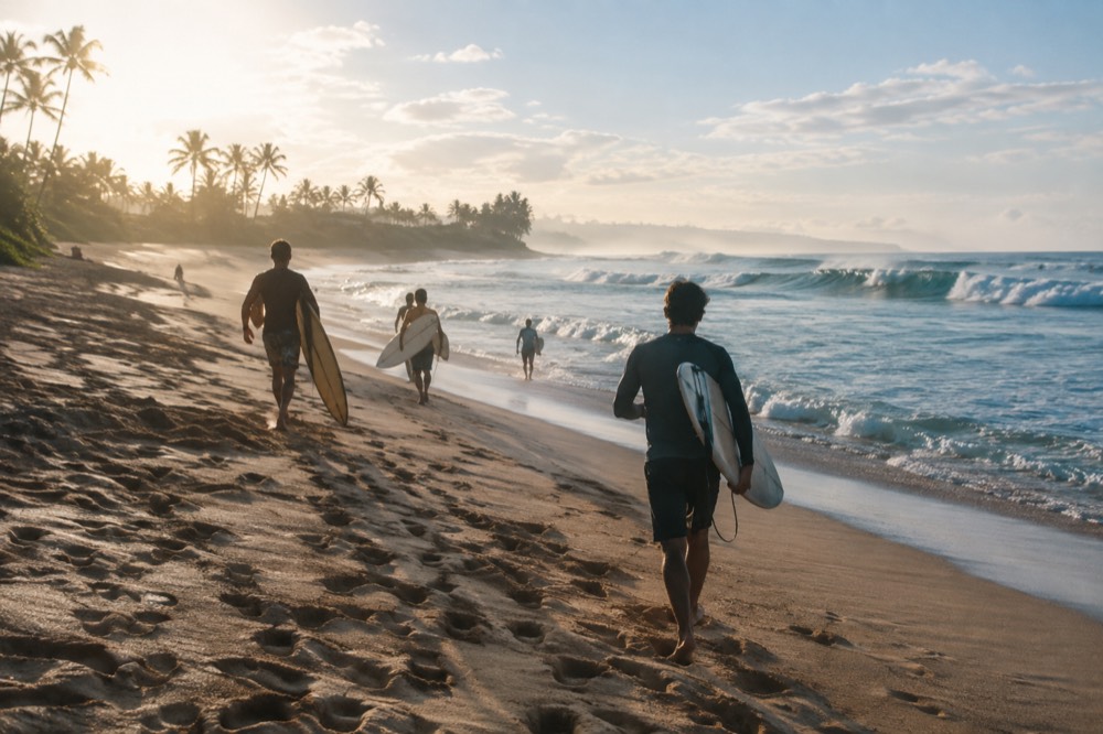 Surfers walking across a sandy North Shore beach toward rolling waves at dawn
