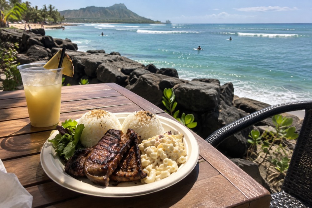 A plate lunch with rice and macaroni salad on a table at an open-air Oahu eatery