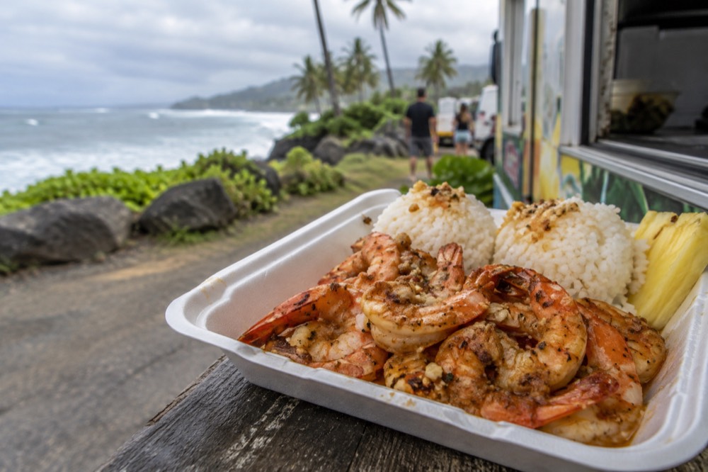 A garlicky shrimp plate served from a food truck window on the North Shore of Oahu