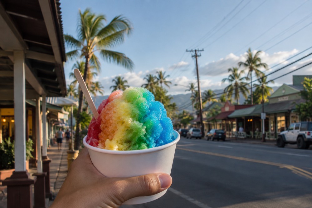 A cup of rainbow-coloured shave ice held above a sunny street in Haleiwa town