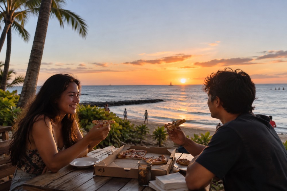 Two people sharing a pizza at an outdoor table near a beach at sunset