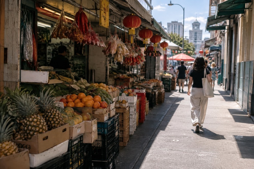 Produce stalls and hanging shop signs along a covered walkway in Chinatown Honolulu
