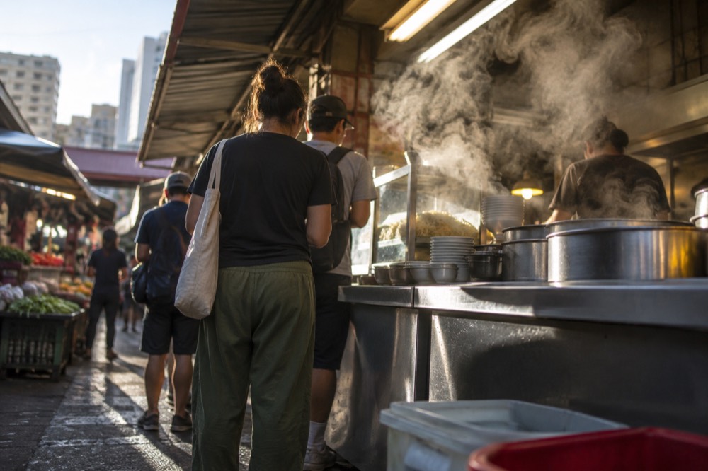 Steam rising from a noodle counter in a Chinatown Honolulu market with customers waiting in line