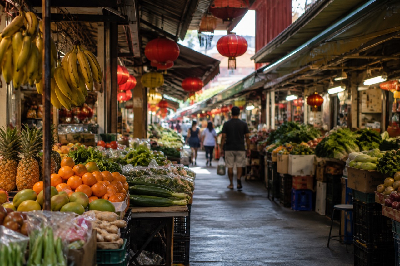 A covered market street in Chinatown Honolulu with produce stalls and hanging lanterns in daylight
