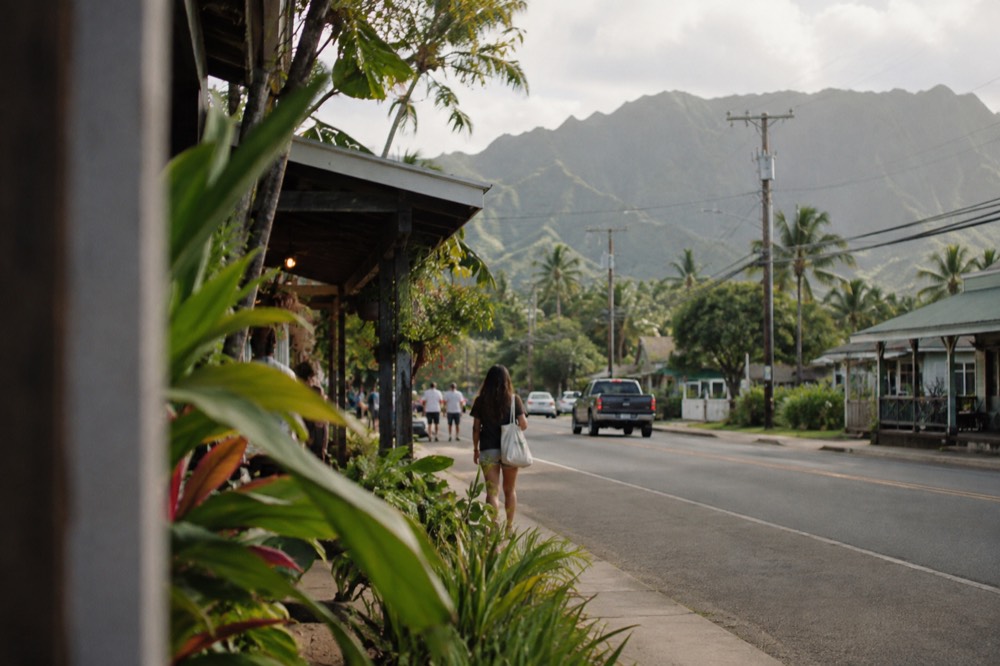 A small country town street with low wooden storefronts and green mountains behind it