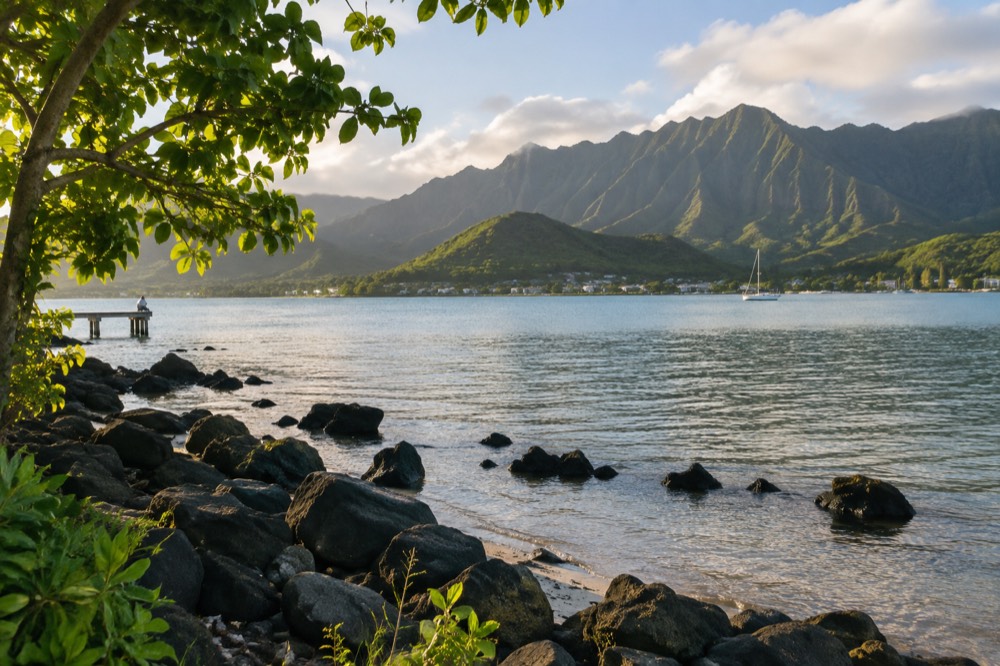 A view across Kāneʻohe Bay toward the ridged green peaks of the Koʻolau mountains