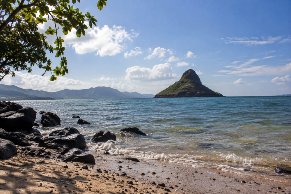 The small offshore island Mokoliʻi seen from the shoreline near Kualoa on a clear morning