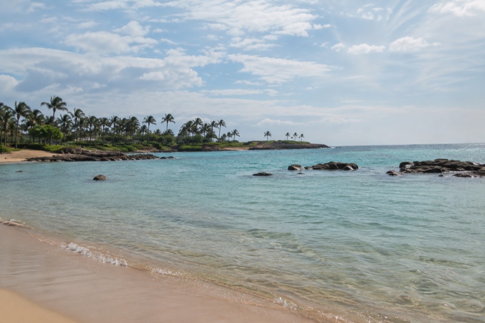Calm turquoise lagoon water at Ko Olina with palm trees and a rocky shoreline in the background