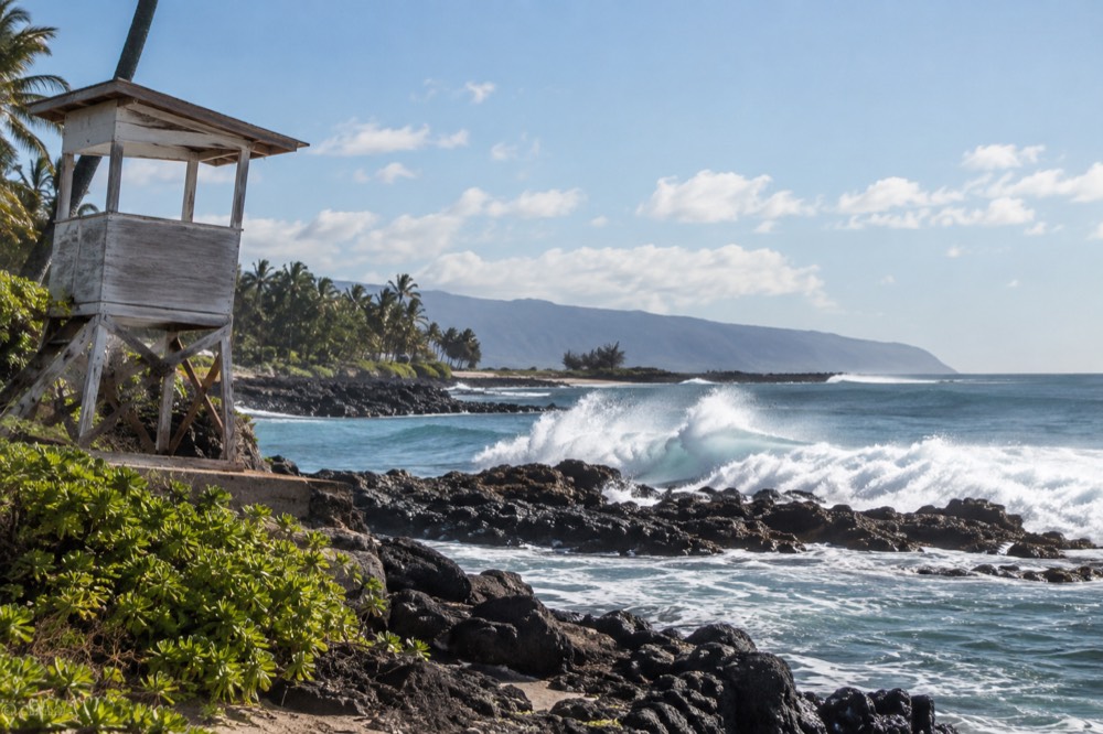 Surf breaking on a rocky North Shore point with an old wooden lifeguard stand