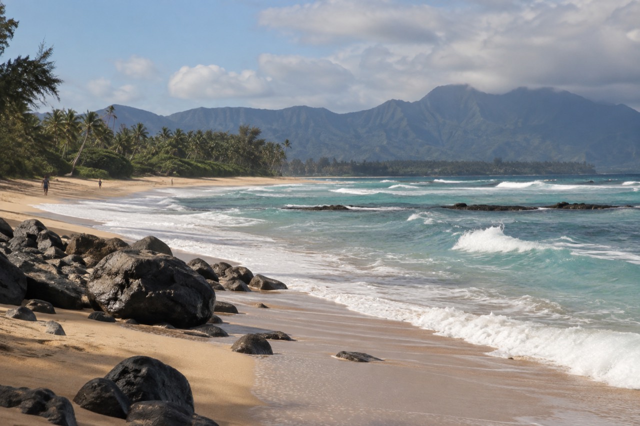 Wide view of a North Shore beach with turquoise water and distant mountains