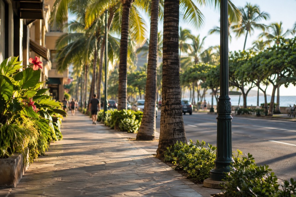 Kalākaua Avenue in Waikīkī lined with palm trees and low-rise shops in morning light