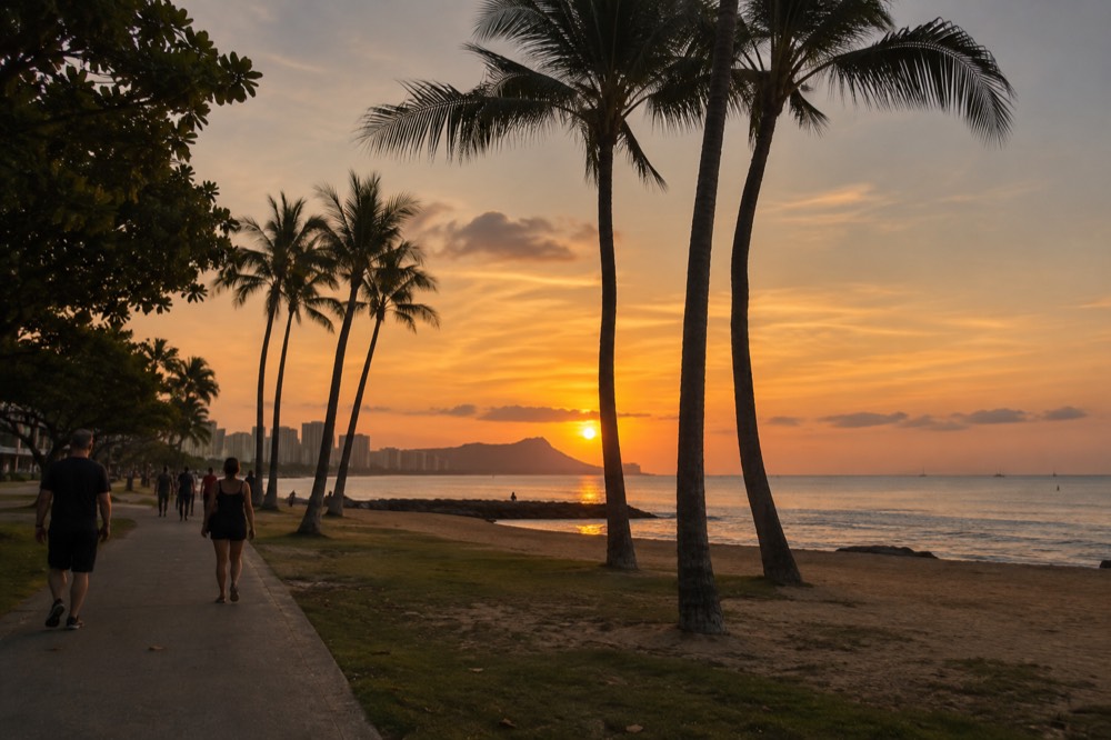 People walking a paved shoreline path at sunset with palm trees silhouetted against an orange sky