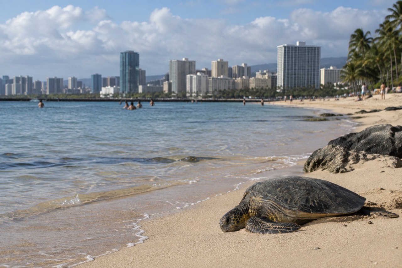 A wide sandy beach with calm shallow water and the Honolulu skyline behind it
