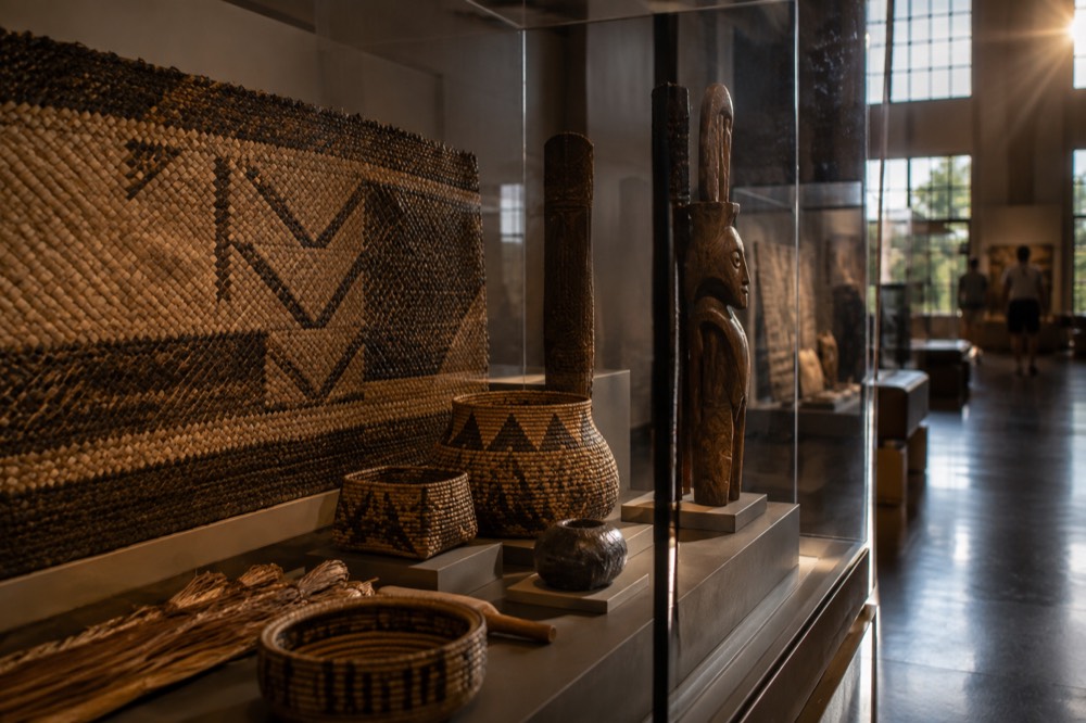 A display case of traditional Hawaiian weaving and carving inside a museum gallery