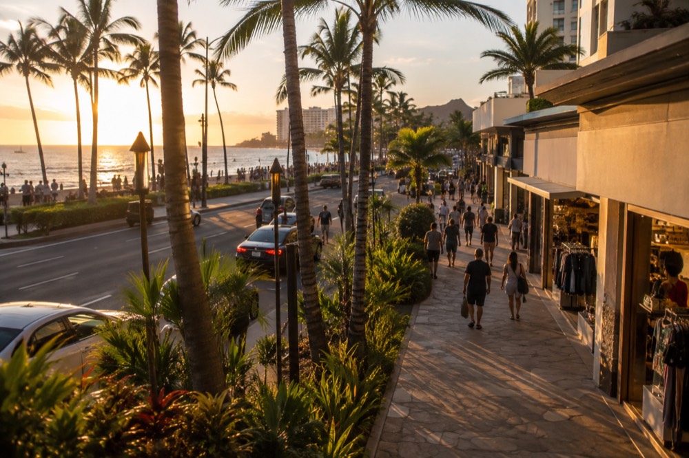 Evening light over a central Waikīkī street with shoppers walking between open-fronted stores