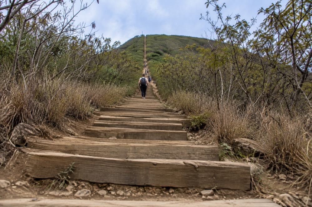 A long staircase of railway ties climbing the dry inner wall of a crater toward a ridgeline under a clear morning sky
