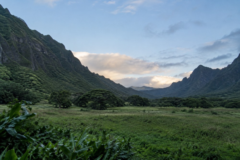 A green valley floor with steep forested ridges rising on both sides on a bright morning
