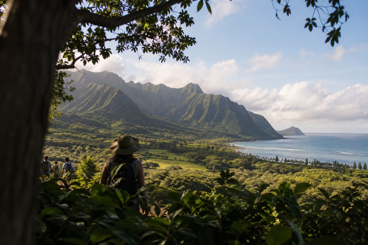 Green ridges of the Kualoa valleys rising behind a windward Oahu coastline under scattered clouds