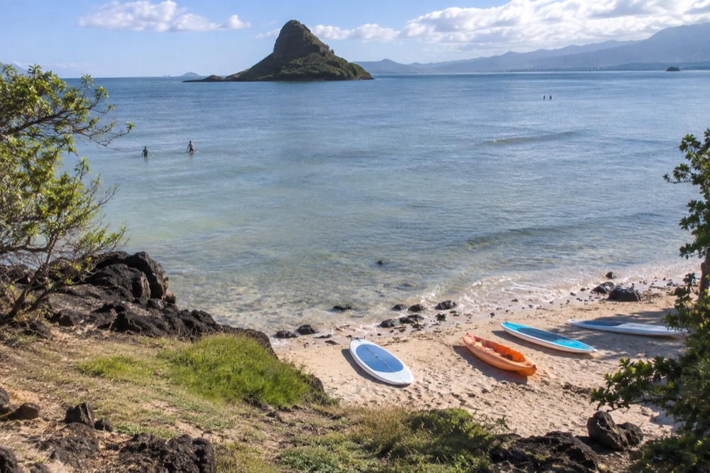 Paddleboards and a kayak resting on a narrow sand beach with a small offshore island visible across calm water