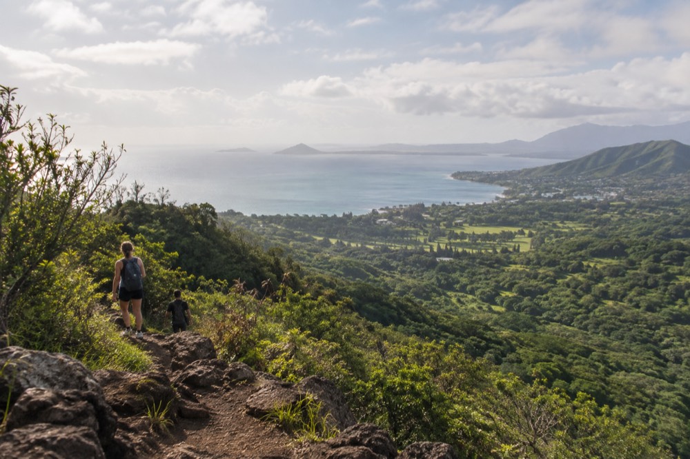 View from a mountain lookout over a green windward valley toward a bay and distant ridges