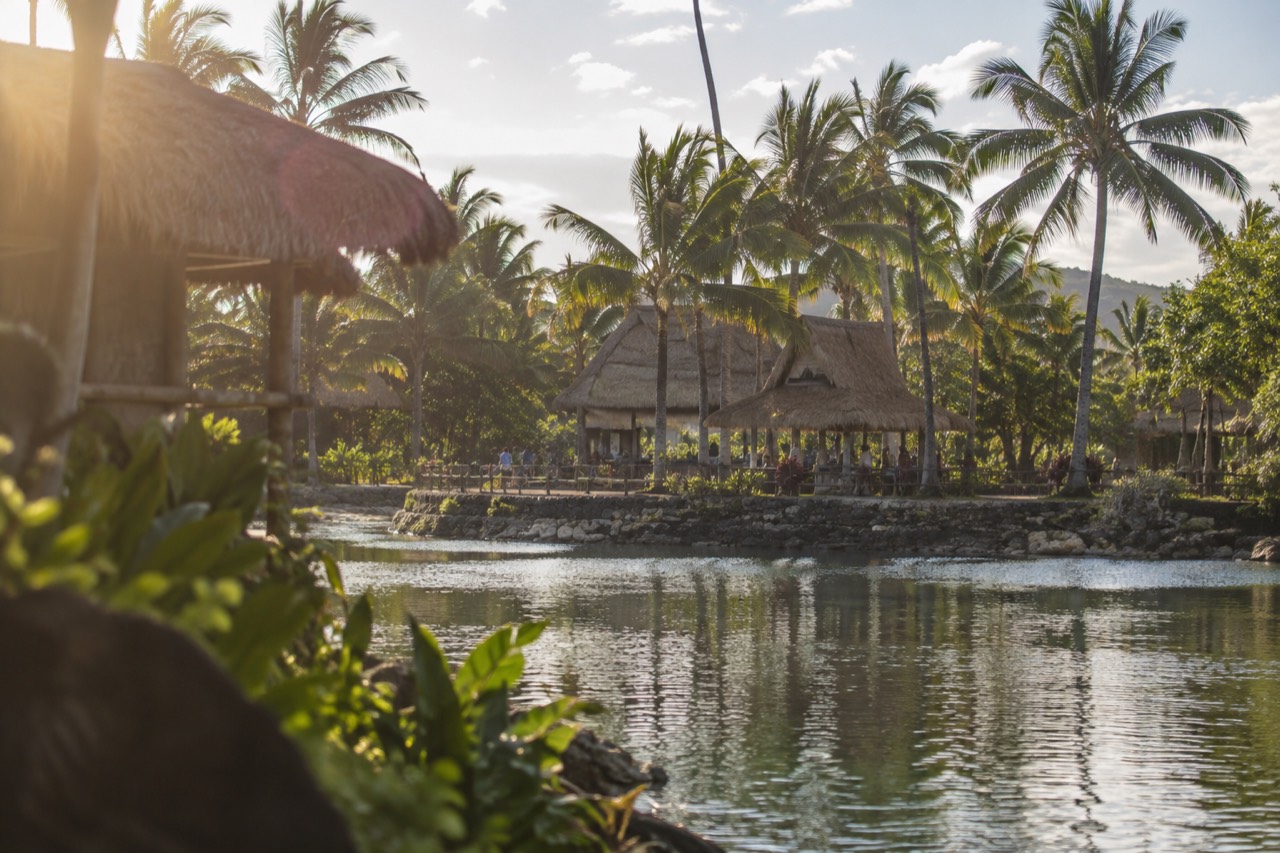 Thatched-roof village structures and palm trees along a lagoon at the Polynesian Cultural Center on a bright day
