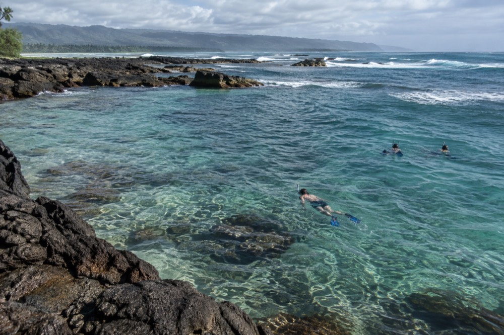 Snorkelers floating over clear shallow water beside a lava rock shelf on the North Shore of Oahu
