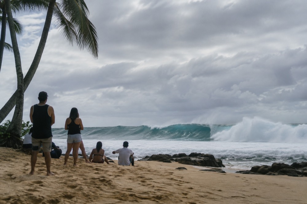 People watching large waves break off a North Shore beach from a safe distance on the sand