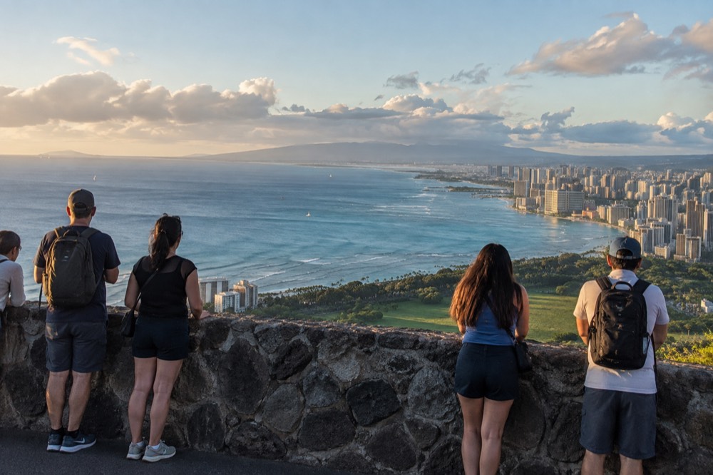 Visitors standing at a stone overlook wall in the late afternoon with Honolulu's coastline stretching below