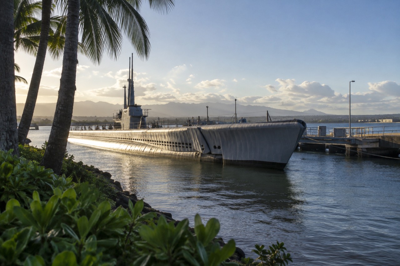 A grey WWII-era fleet submarine moored at the waterfront beside the Pearl Harbor visitor center