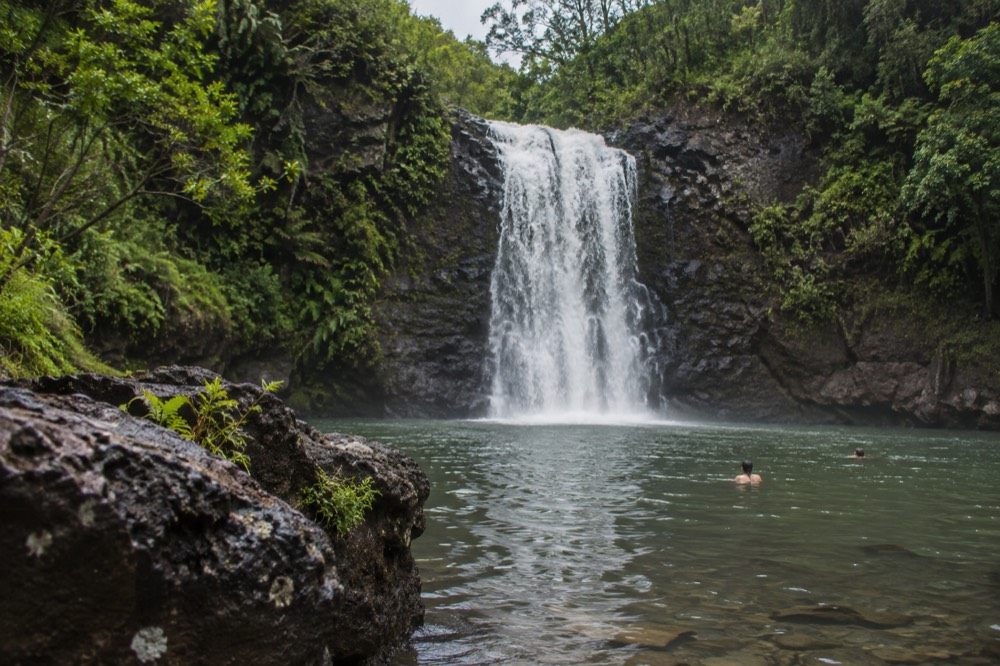 A waterfall dropping over a dark rock cliff into a wide pool surrounded by green vegetation.