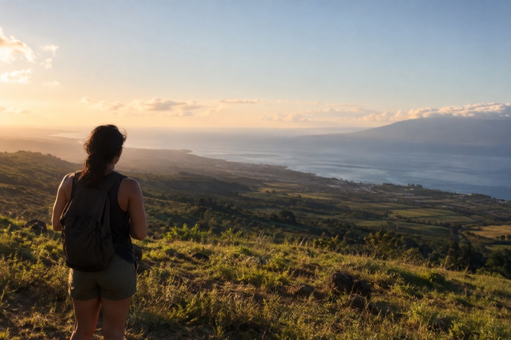A visitor looking out over Maui's upcountry hills toward the ocean on a clear morning