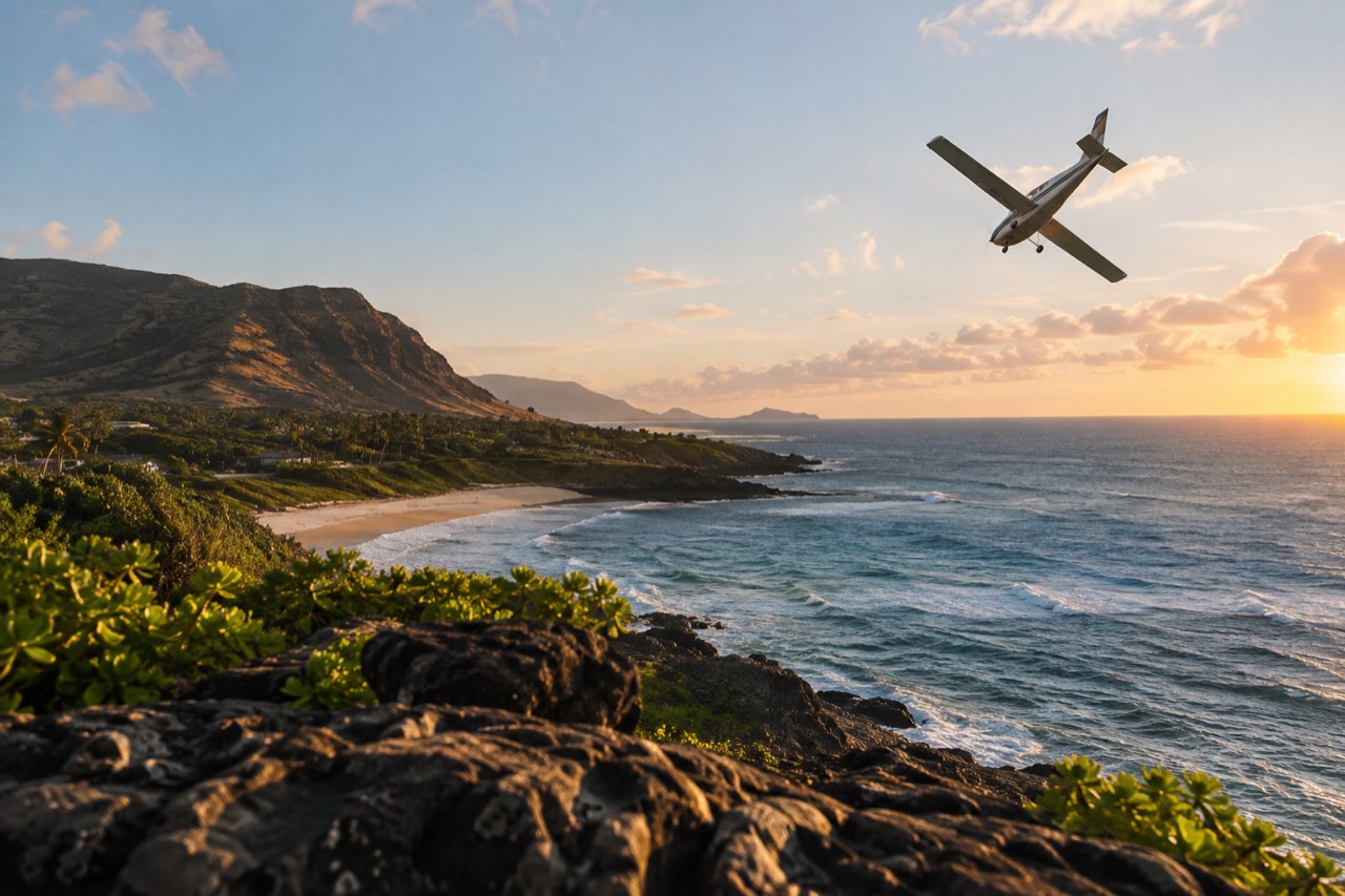 A small aircraft banking over a green Hawaiian island coastline with ocean beyond